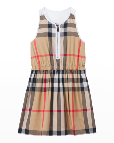 Shop Burberry Girl's Adrienne Vintage Check Quarter-zip Dress In Archive Beige Ip