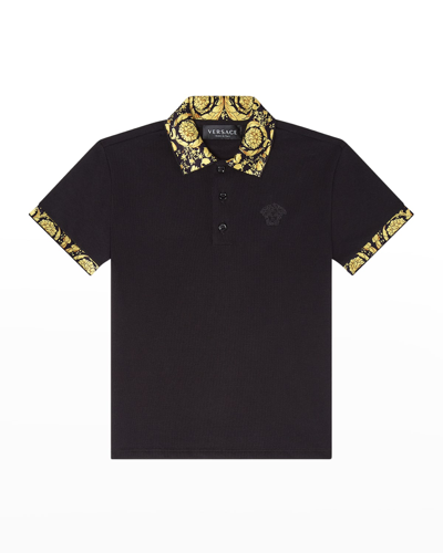 Shop Versace Boy's Barocco-print Polo Shirt In Black Gold