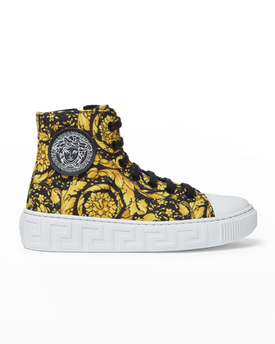 Shop Versace Kid's Barocco-greca Canvas High-top Sneakers In Black Gold White