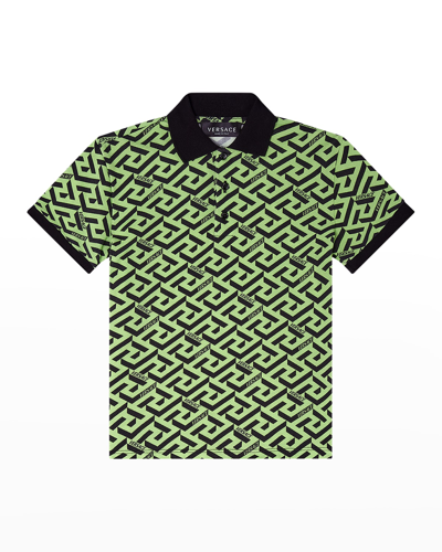 Shop Versace Boy's Greca-print Polo Shirt In Neon Green Black