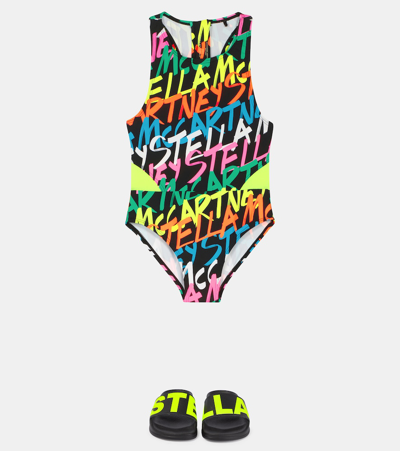 Shop Stella Mccartney Printed Racerback Swimsuit In Nero/multicolor