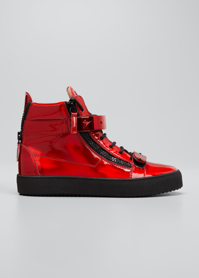 Shop Giuseppe Zanotti Men's Metropolis Metallic Double-zip High-top Sneakers In Red