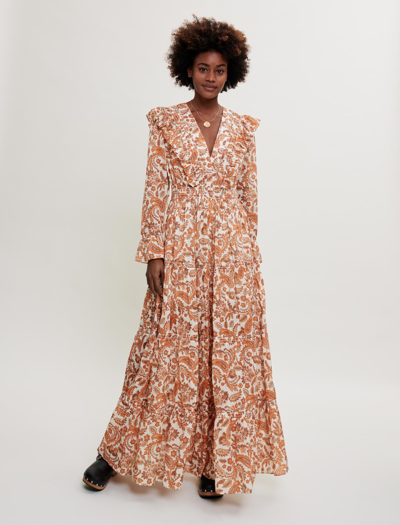 Maje Ruflina Paisley-print Frilled Organic-cotton Maxi Dress In Orange |  ModeSens
