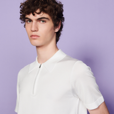 Shop Sandro Knitted Polo Shirt With Zip Collar In Ecru
