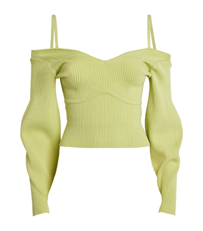 Shop Self-portrait Knitted Off-the-shoulder Top In Green