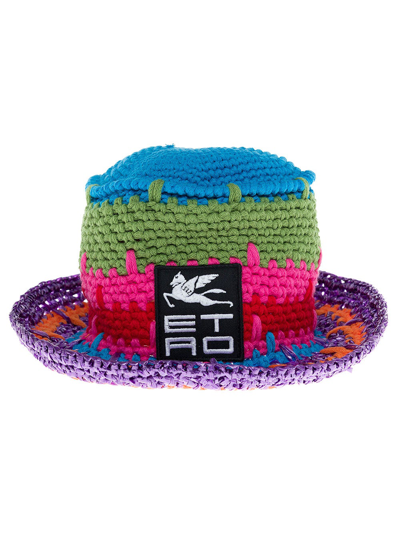Shop Etro Logo Patch Crochet Bucket Hat In Multi
