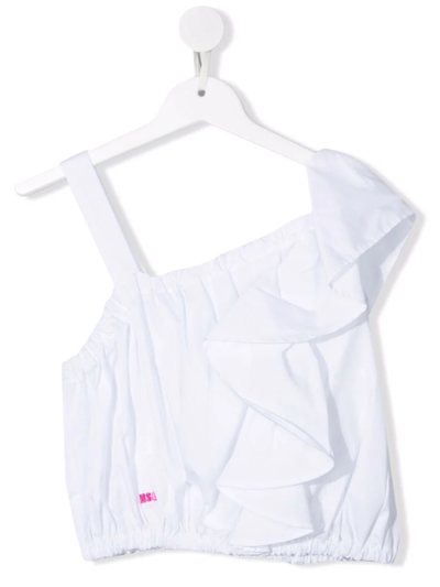 Shop Msgm Teen Ruffle Asymmetric Crop Top In White