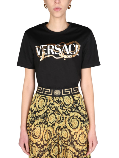 Shop Versace T-shirt With Chain Logo Print In Black
