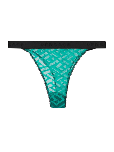 Shop Versace Women's Greca Signature Tulle Thong In Turquoise