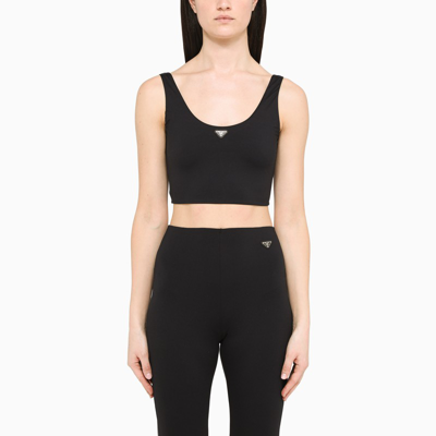 Prada Triangle Logo-plaque Cropped Top In Black