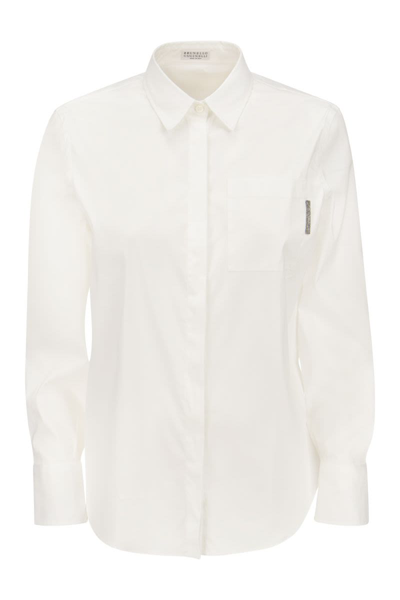 Shop Brunello Cucinelli Stretch Cotton Poplin Shirt With "shiny Tab" In White
