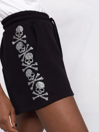 Shop Philipp Plein Rhinestone-skull Drawstring Cotton Shorts In Black