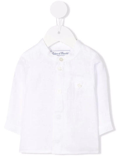 Shop Tartine Et Chocolat Linen Collarless Shirt In White