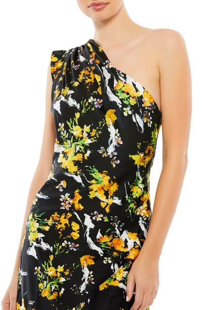 Shop Mac Duggal Floral Drape One-shoulder Midi Dress In Black Multi