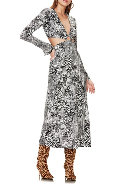 Shop Afrm Lola Leopard Print Cutout Detail Long Sleeve Midi Dress In Noir Animal