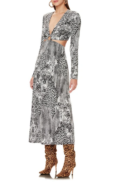 Shop Afrm Lola Leopard Print Cutout Detail Long Sleeve Midi Dress In Noir Animal