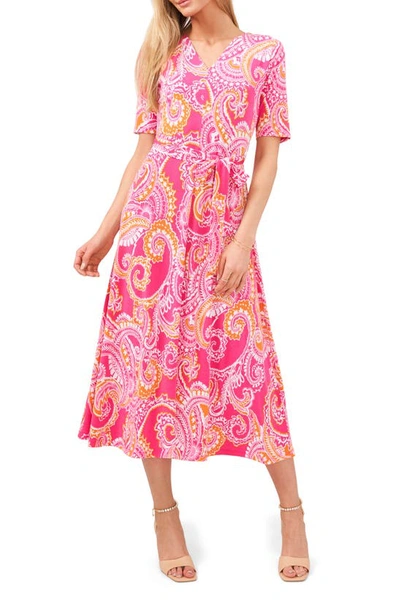 Shop Chaus Paisley Tie Waist Midi Dress In Pink/ Orange/ White
