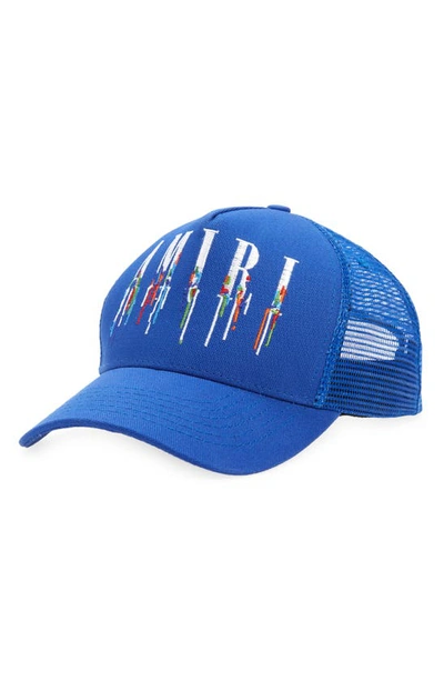 Shop Amiri Paint Drip Embroidered Logo Trucker Hat In Princess Blue