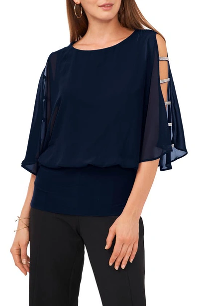 Shop Chaus Split Sleeve Rhinestone Blouse In Navy