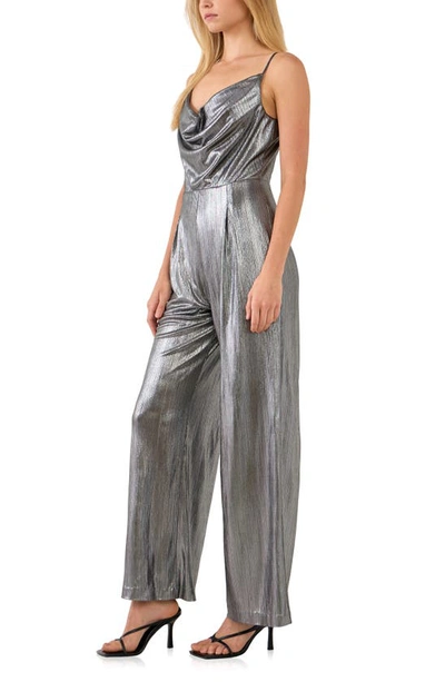 Endless Rose Cowl Neck Metallic Jumpsuit In Dark Silver