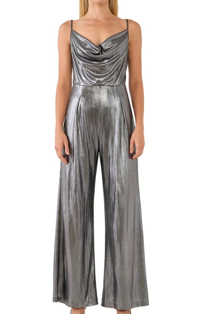 Endless Rose Cowl Neck Metallic Jumpsuit In Dark Silver