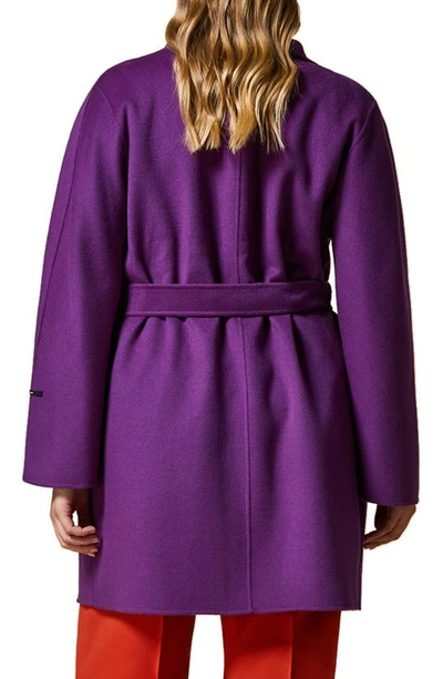Shop Marina Rinaldi Belted Wool Blend Coat In Purple