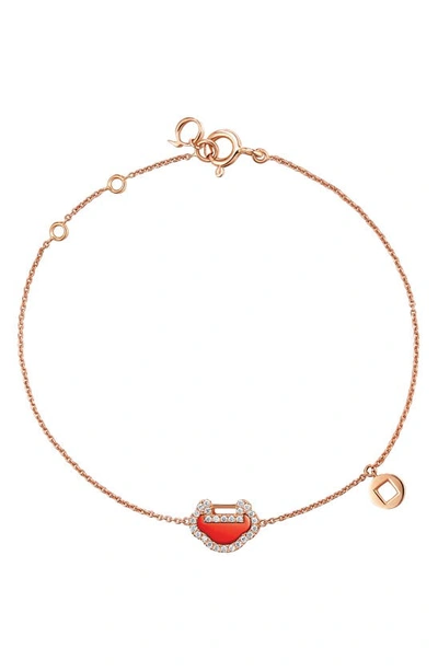 Shop Qeelin Petite Yu Yi Red Agate & Diamond Station Bracelet In Rose Gold