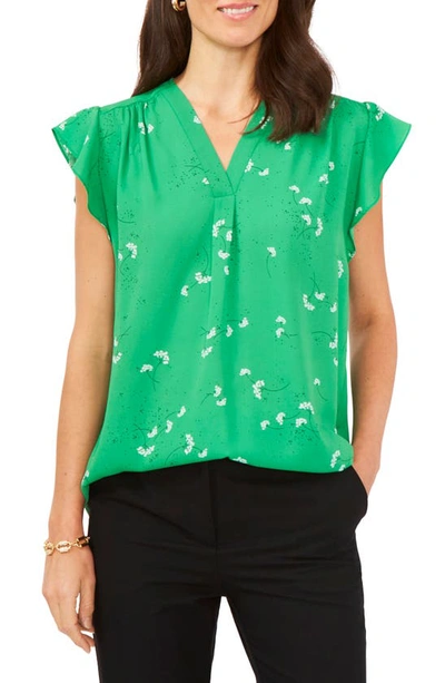 Shop Chaus Print Flutter Sleeve Blouse In Emerald Green
