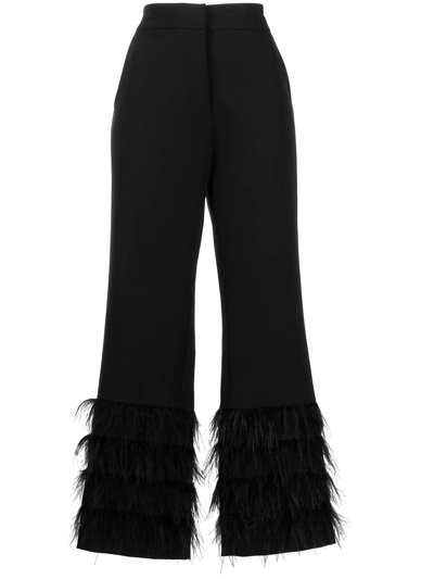 Shop Milly Valerie Feather-trim Cropped Trousers In Schwarz