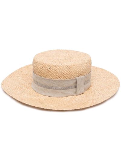 Shop Fabiana Filippi Studded Interwoven Sun Hat In Nude