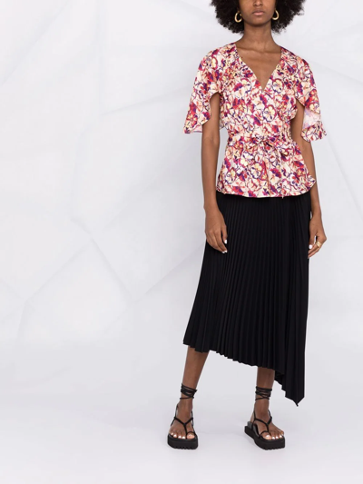 Shop Rabanne Pansy-print V-neck Draped-sleeve Blouse In Rosa
