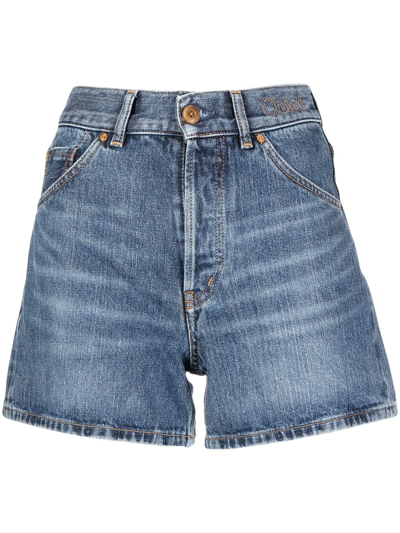 Shop Chloé Embroidered High-rise Denim Shorts In Blau