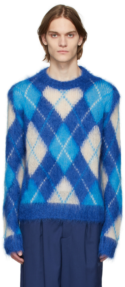 Shop Marni Blue Iconic Mohair Argyle Sweater In Agb60 Ocean