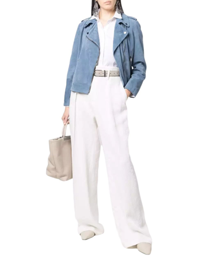 Shop Brunello Cucinelli Women's Light Blue Leather Outerwear Jacket