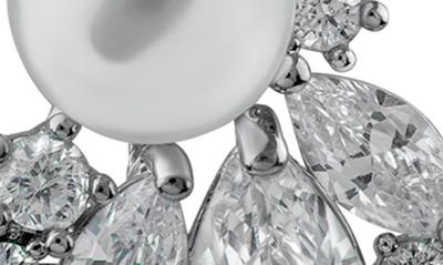 Shop Cz By Kenneth Jay Lane 5.5-6mm Faux Pearl & Cz Leaf Drop Earrings In White/ Clear/ Silver