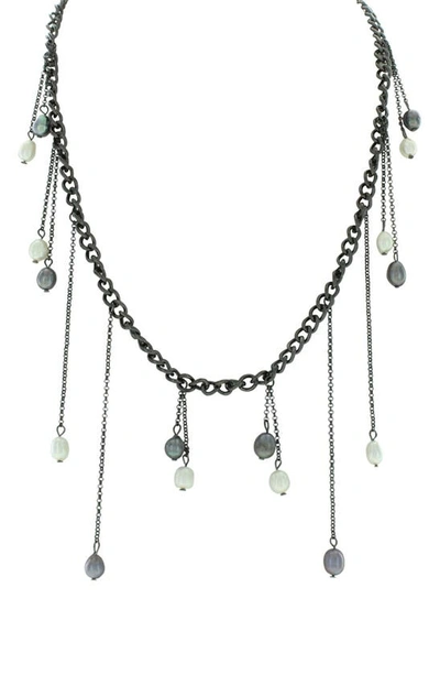 Shop Olivia Welles Graduated Imitation Pearl Curb Chain Statement Necklace In Gunmetal / Grey / White