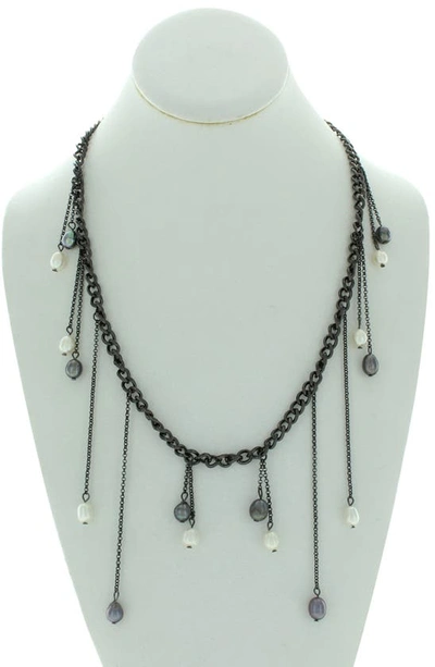 Shop Olivia Welles Graduated Imitation Pearl Curb Chain Statement Necklace In Gunmetal / Grey / White