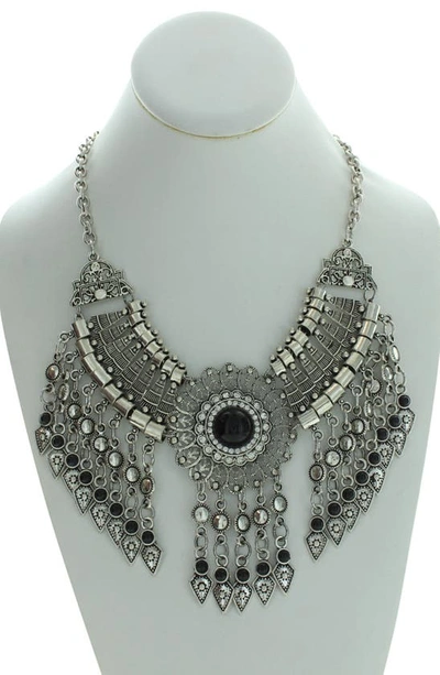 Shop Olivia Welles Silver-tone Crystal Fringe Statement Necklace In Antique Silver / Black