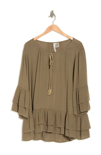 Forgotten Grace Tie Front Ruffle Waist Tunic In Olive