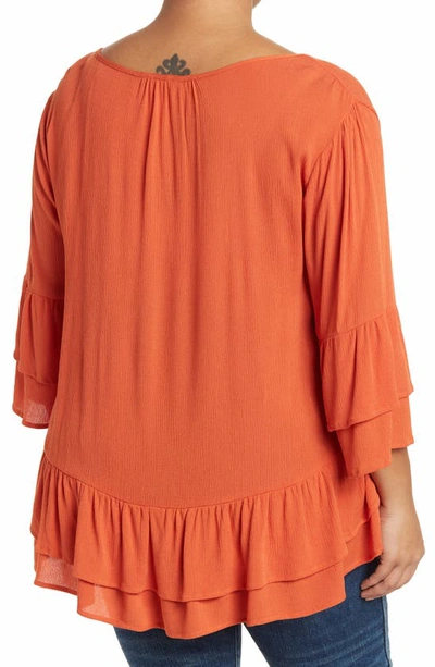 Forgotten Grace Tie Front Ruffle Waist Tunic In Rust