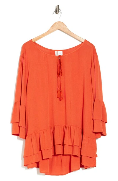 Forgotten Grace Tie Front Ruffle Waist Tunic In Rust