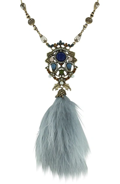 Shop Olivia Welles Bejeweled Imitation Pearl Pendant Feather Drop Necklace In Antique Gold / Multi