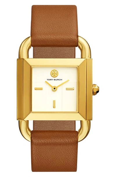 Shop Tory Burch Phipps Leather Strap Watch, 29mm X 41mm In Luggage/ Ivory/ Gold