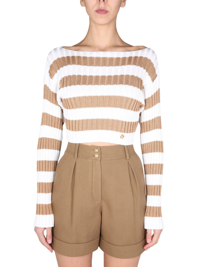Shop Balmain Striped Cropped Ribbed Knit Top In Multi