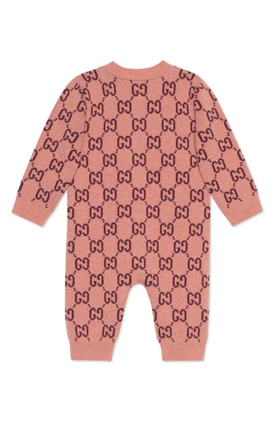 Shop Gucci Gg Logo Jacquard Wool Sweater Romper In Rose/ Spent Red Print