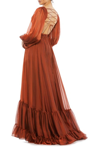 Shop Mac Duggal Cutout Long Sleeve A-line Chiffon Gown In Copper