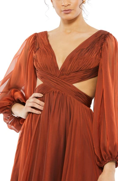 Shop Mac Duggal Cutout Long Sleeve A-line Chiffon Gown In Copper