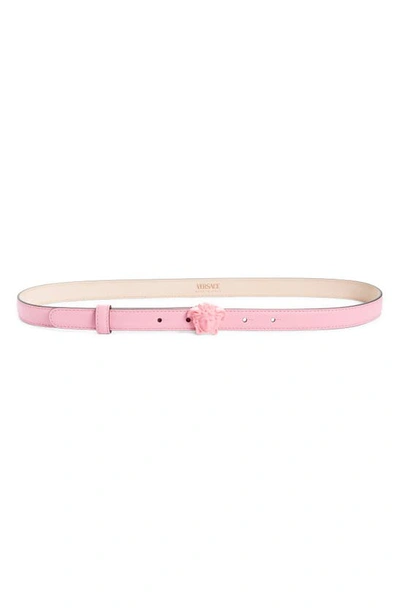 Shop Versace Medusa Leather Skinny Belt In Baby Pink  Gold