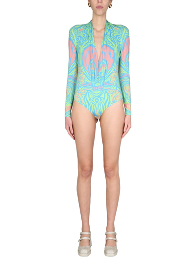 Shop Versace Gathered Medusa Music Bodysuit In Multi