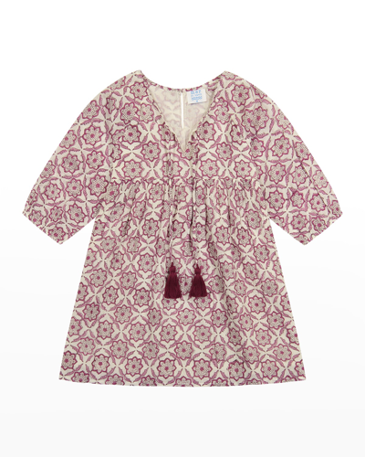 Shop Mer St. Barth Girl's Sara Block-print Tassel Popover Dress In Aubergine Mosaic